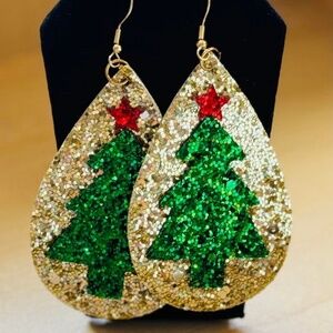 Gold and Green Christmas Tree faux leather glitter earrings